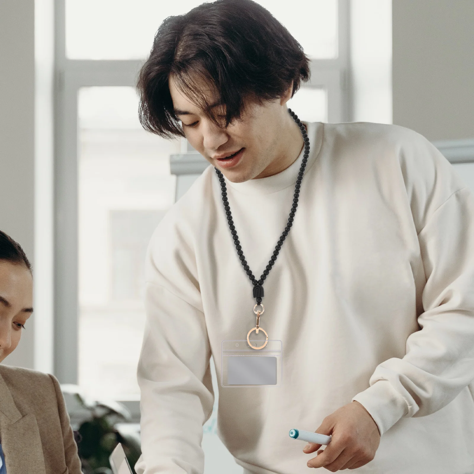 Cordão frisado para crachás de identificação, material de silicone à prova d'água, alça de pescoço anti-perda para funcionários, estudantes, nome, suporte de crachá portátil