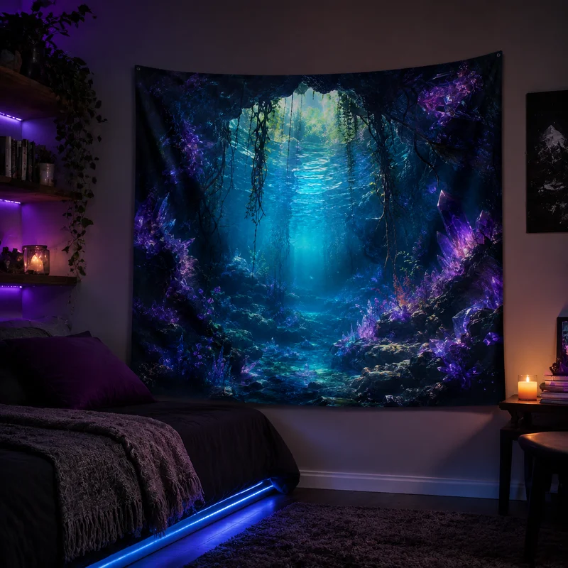 VIKAMA Fantasy Forest Tapestry Valley Giant Trees Ferns Stream Stars Moon Night Sky Magic Secret Scenery Room Decoration