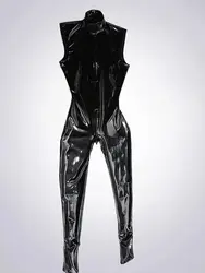 Sleeveless Wet Look PVC Catsuit Bodystocking Shiny PU Leather Zipper Open Crotch Bodysuit Tights Sexy Leotard Conjoined Unitard