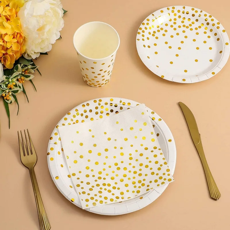 White Gold Wedding Party Supplies Golden Dot Disposable Party Dinnerware Paper Plates Napkins Cups for Bridal Shower Birthday