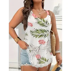 Ladies Plus Size 1XL-5XL Fashion Crew Neck Sleeveless Top Temperament Lace Printed Vest Casual Loose Vest