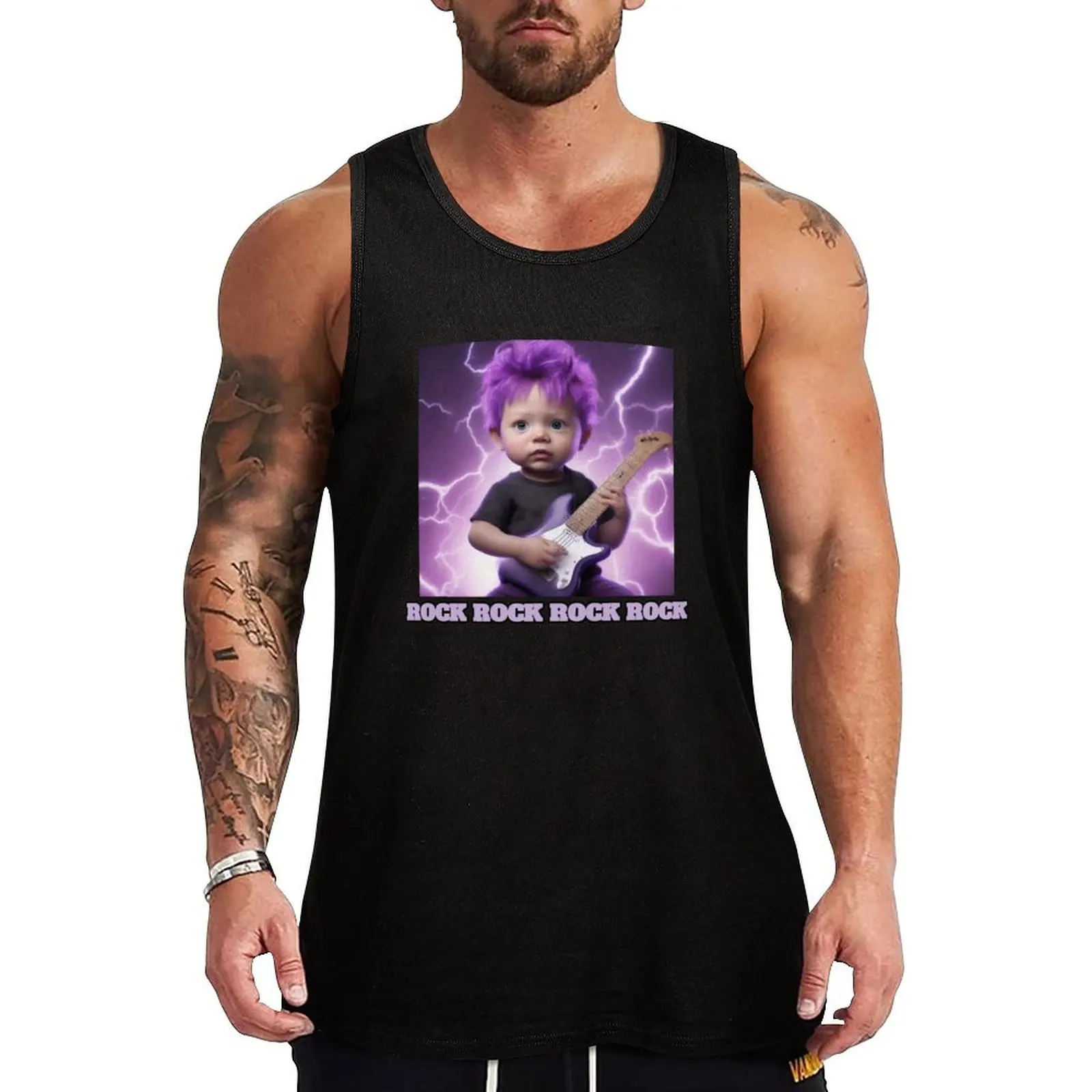 

Baby rock guitarist purple hair Tank Top sleeveless tshirts for men Muscle fit