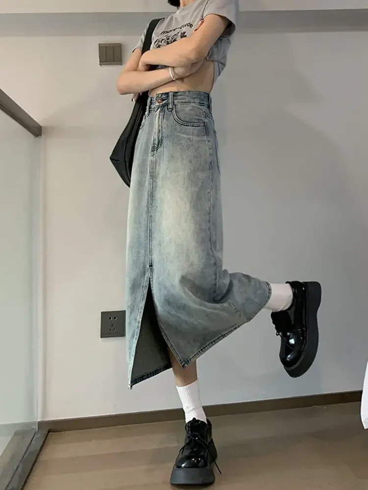 التنانير ذات الشق الأمامي للسيدات تصميم الدنيم ميدي ريترو عالية الخصر أنيقة على شكل حرف a كل مباراة مزاجه غير رسمي موضة الكورية نمط Faldas