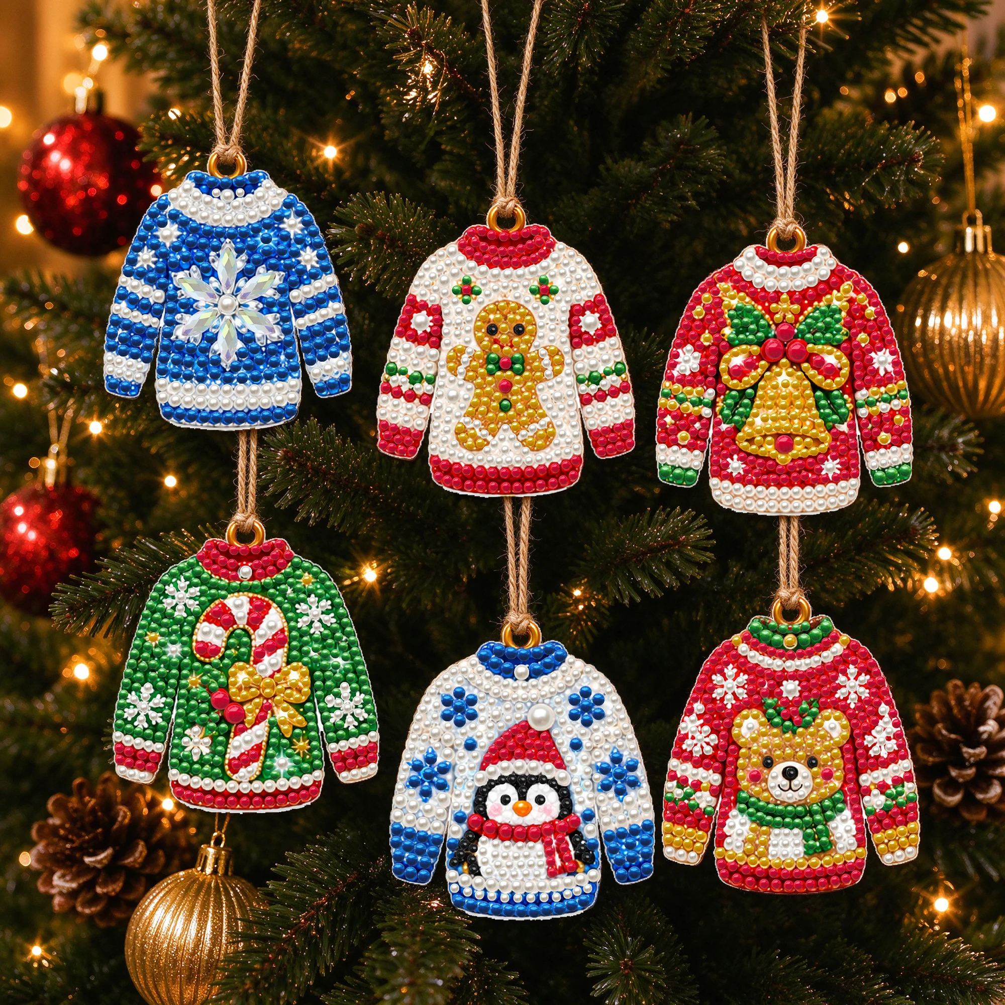 10Pcs Diamond Painting Christmas Ornaments with Multiple Themes DIY Pendant Toys Christmas Sweaters Christmas Tree Decoration