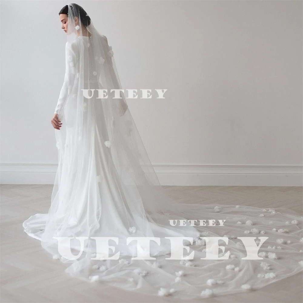 UETEEY Customized Muslim O Neck Long Puff Sleeves Crepe Mermaid Wedding Dress Women Zipper Back Floor Length vestidos de novia