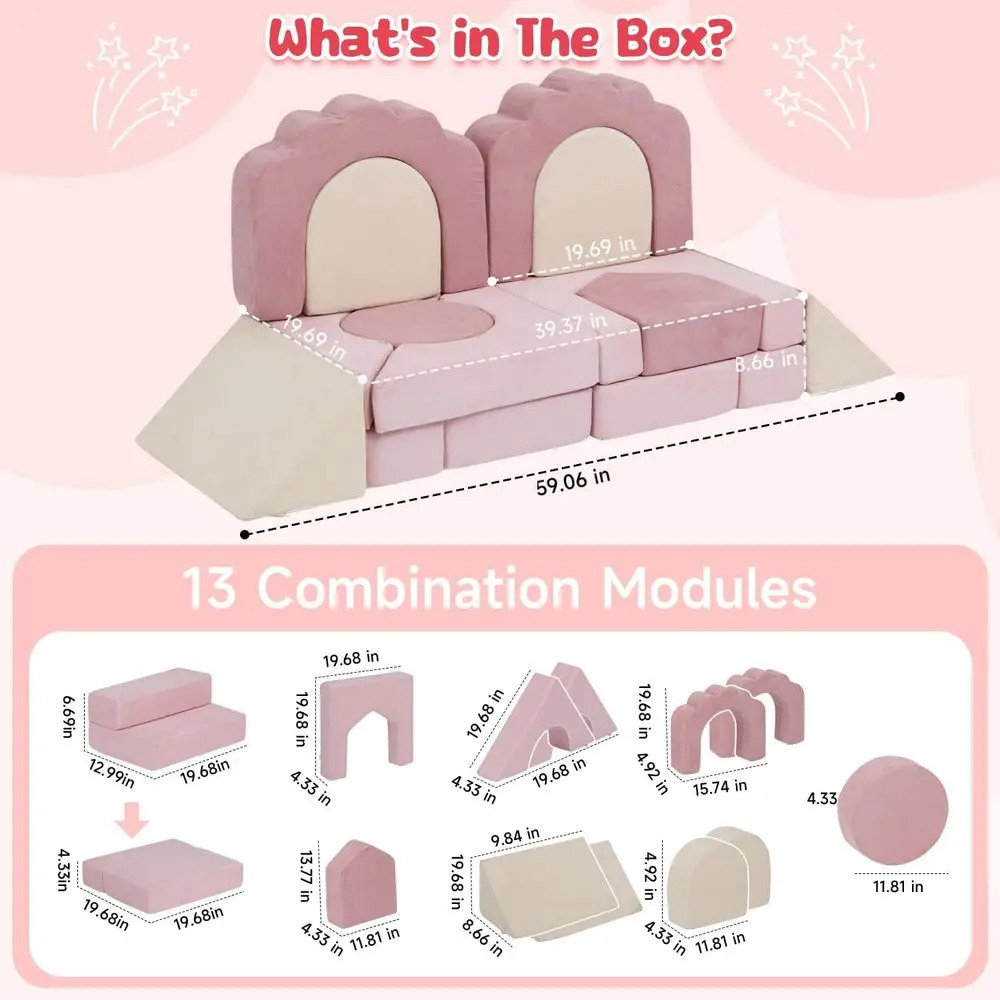 Toddler Foam Climbing Blocks Set, 13-Piece High-Density Play Structure, Washable Indoor Climbing Toys (Beige Pink)