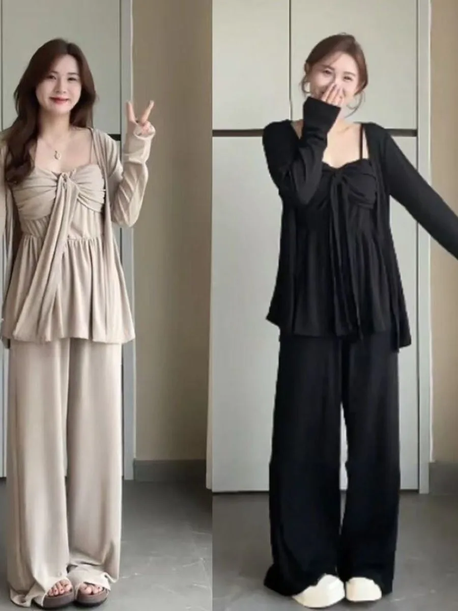 

Женский комплект из трех предметов больших размеров: топ без рукавов с V-образным вырезом, укороченный топ и широкие брюки с высокой талией, повседневный стиль, весна-осень, новый дизайн