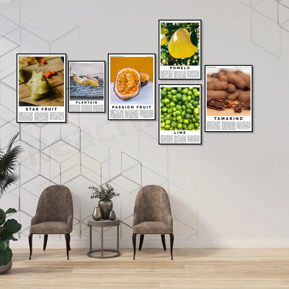 Carambola, raspberry prince, tamarind, passion fruit, grapefruit, pomegranate, mango, lime, honeydew melon, fruit poster gift