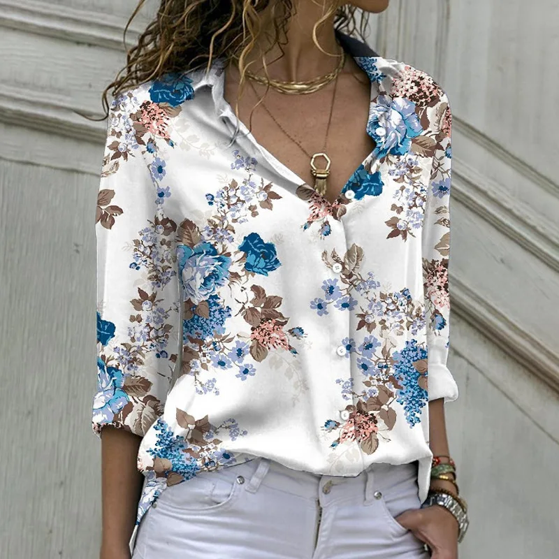 

Spring Autumn Fashion Turn Down Collar Long Sleeve Shirts Casual Loose Blouse Shirts Women Floral Print OL Workwear Blouse Tops