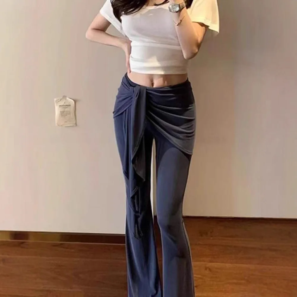 2025 New Fake Two Piece Tie Waist Flared Pants Slimming Leg Lengthening Trousers