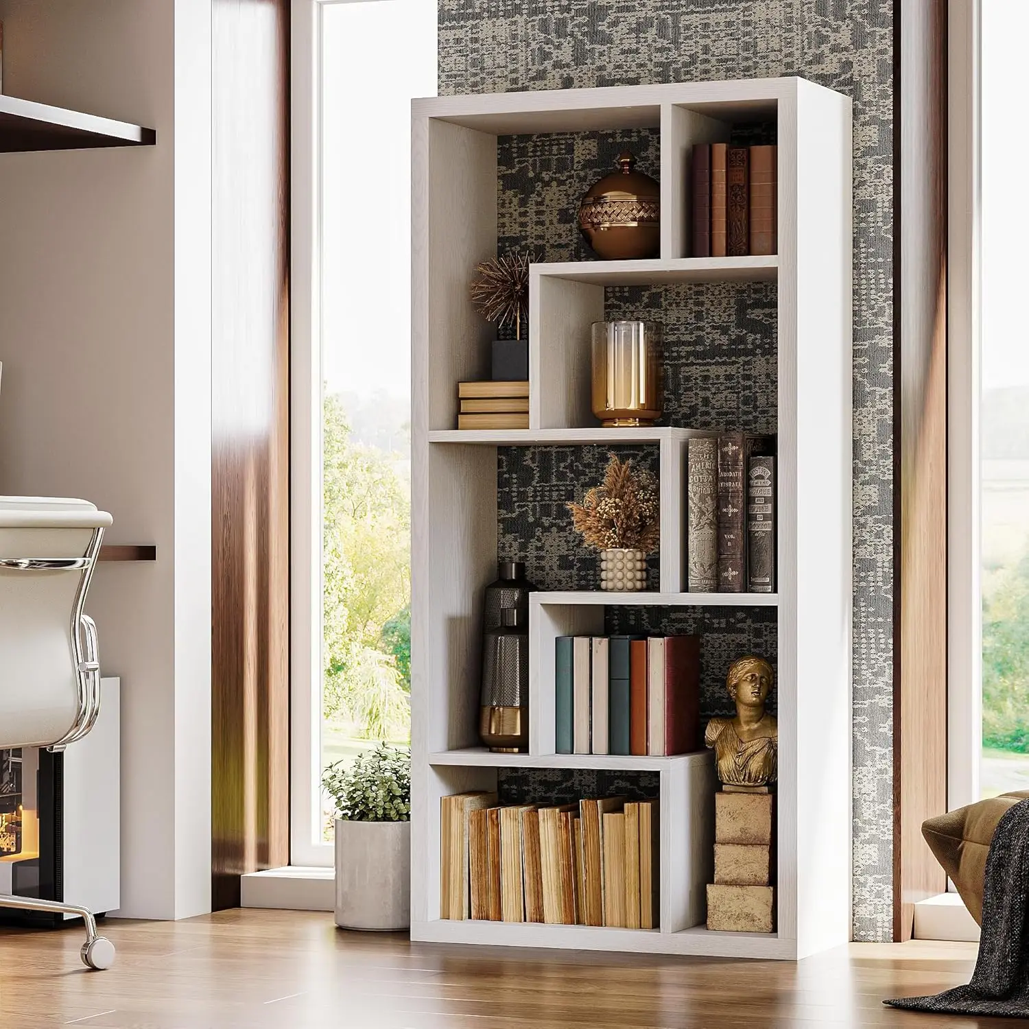 خزانة كتب هندسية من IRONCK مكونة من 6 أرفف رف كتب صناعي أسود Etagere خزانة كتب طويلة للتخزين مع رف سميك #5