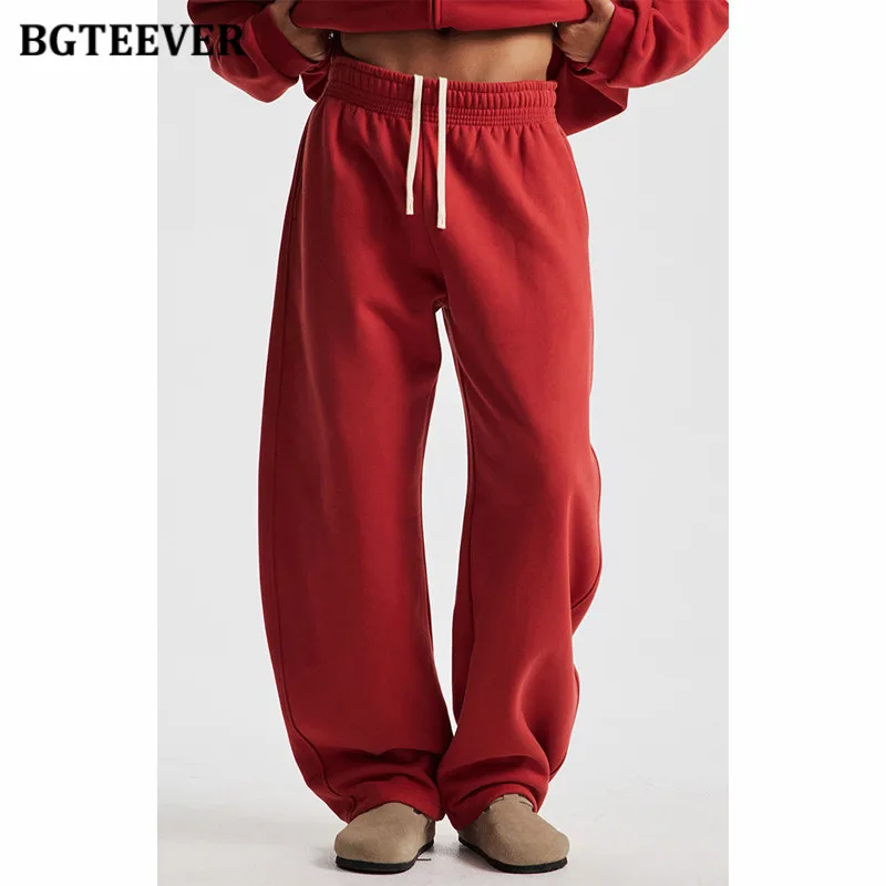 BGTEEVER Autumn Winter Thicken Velvet Loose Female Tracksuits Long Sleeve Hoodies & Wide Leg Lace-up Pants Women 2 Pieces Set