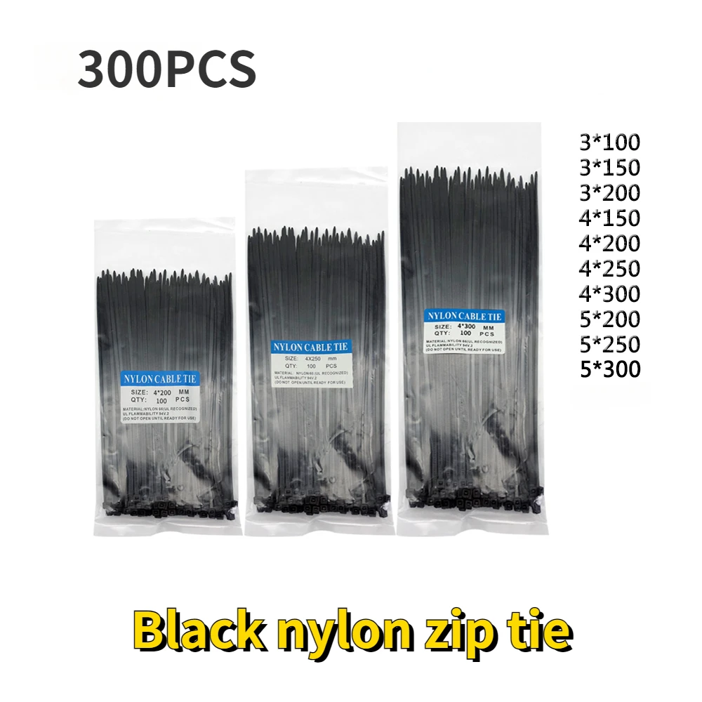 300PCS Three Mode Self-Locking Plastic Nylon Wire Cable Zip Ties  Black Cable Ties Fasten Loop Cable Various specifications