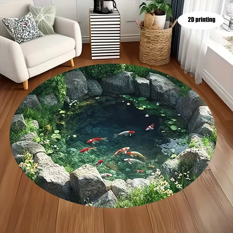 Koi Fish Pond Round Rug Rock Pool Print Circular Floor Mat Anti Slip Soft Carpet Living Room Sofa Decor