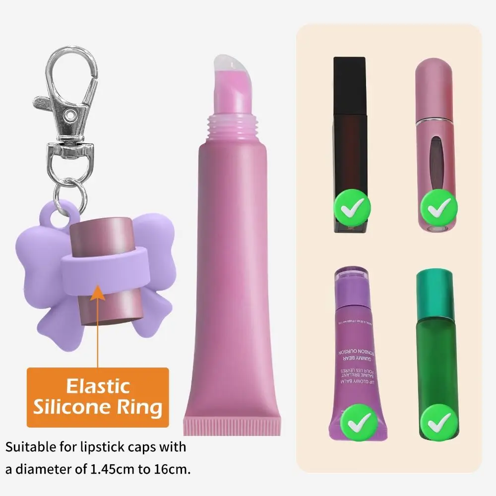 Silicone Lip Balm Holder Bowknot Portable Keychain Lip Gloss Cap with Keyring Flexible Lipgloss Sleeve for Summer Fridays view 5