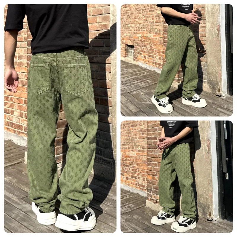 

2025 new street fashion pure military green jeans men's loose straight leg trendy personality handsome hip-hop style denim pants