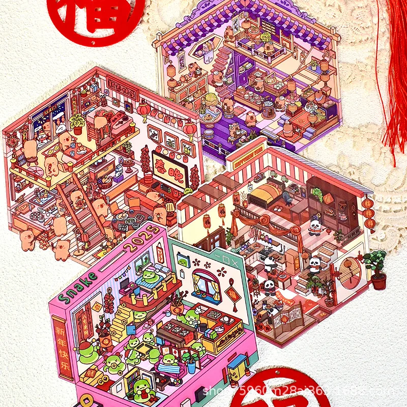 2.5D Mini Diorama Sticker Kit Cute Cartoon Theme Scene Building Decals DIY 3D Dollhouse Craft Stickers Stress Relief Handmade