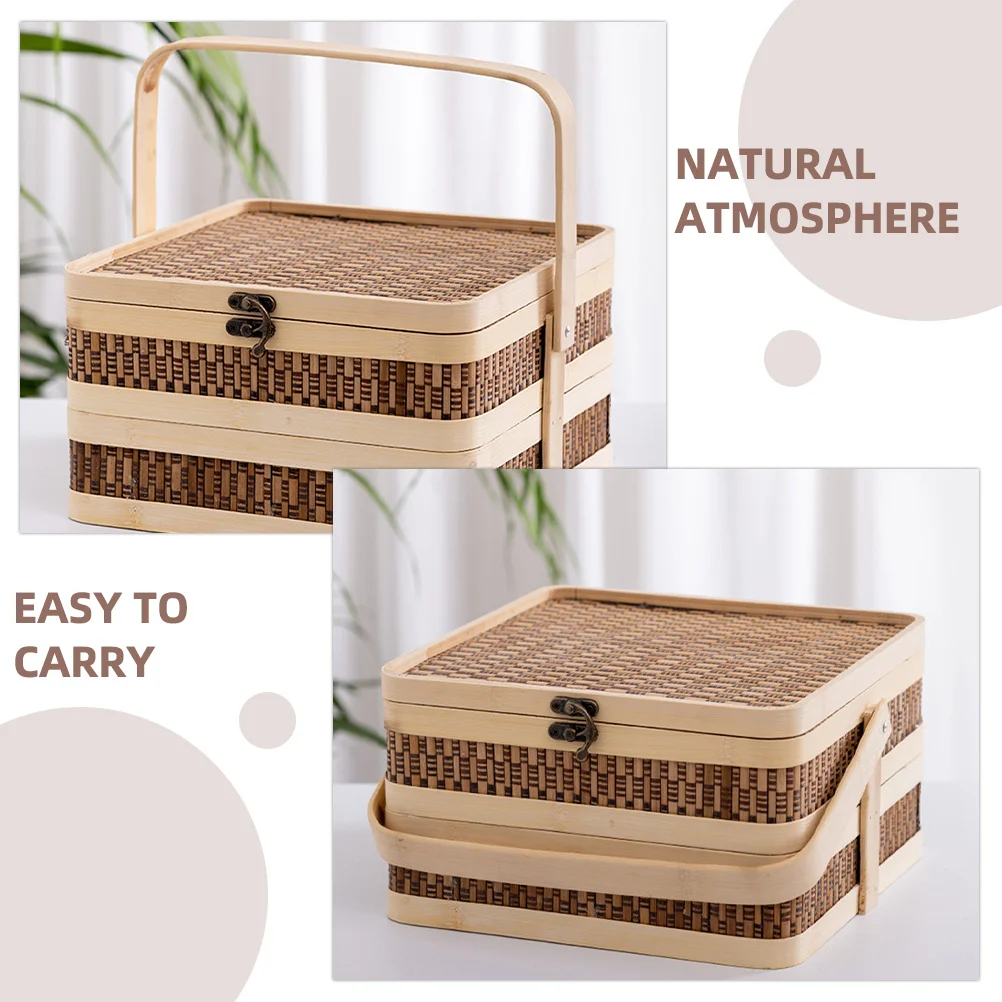

Handwoven Bamboo Double Layer Basket with Handle Portable Storage for Fruit Bread Snacks Picnic Hand Woven Basket