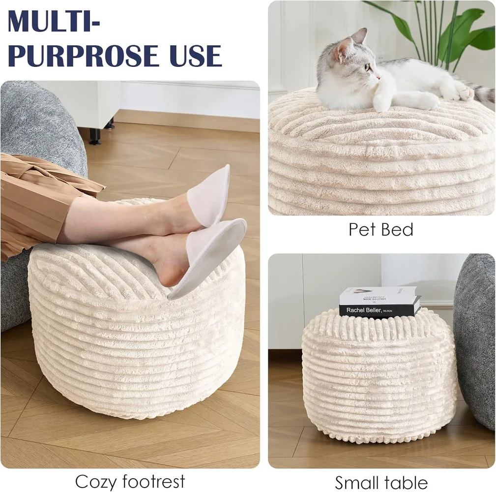 1Pcs Round Stuffed Pouf Foot Rest for Couch，Round Ottoman with Foam Chunk Filling Stripe Faux Fur Ottomans for Living Room Floor