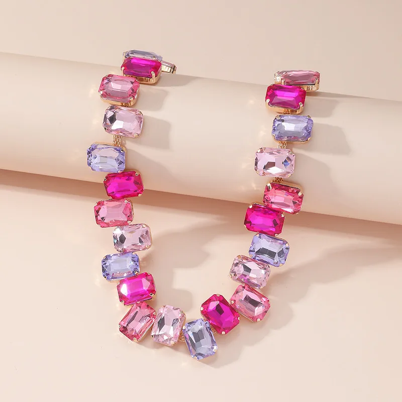 FYUAN Luxury Square Pink Colorful Crystal Choker Necklaces for Women Geometric Clavicle Chain Necklaces Party Wedding Jewelry