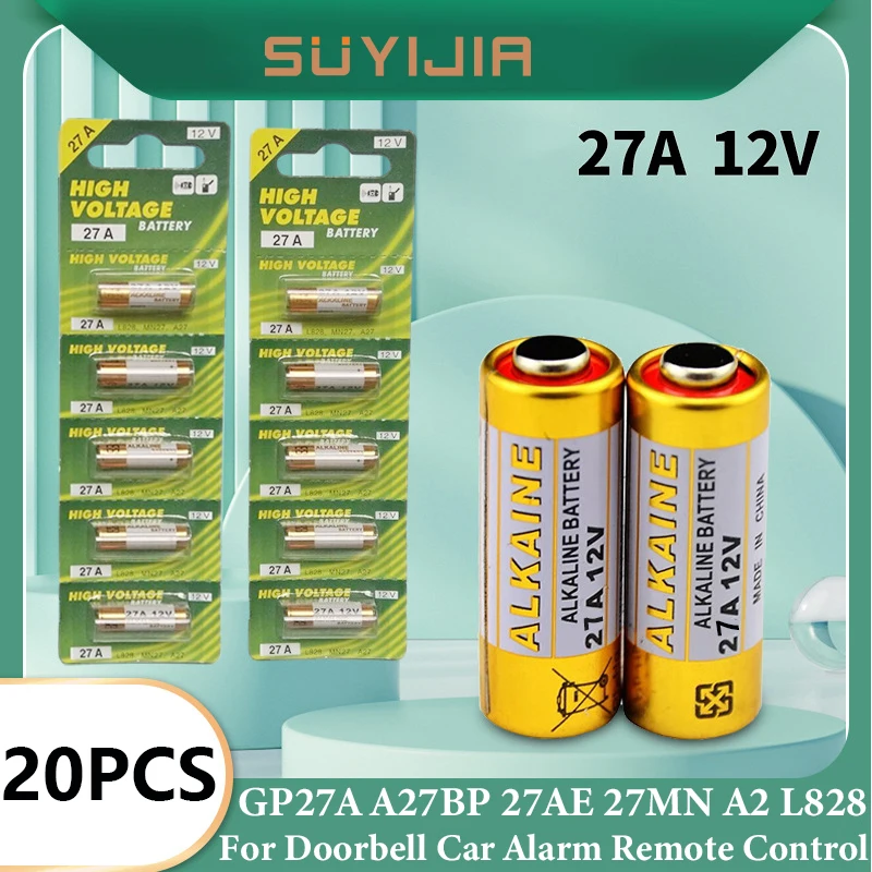 20PCS Alkaline Battery 12V A27 27A G27A MN27 MS27 GP27A L828 V27GA ALK27A A27BP K27A VR27 R27A for Alarm Remote Control Dry Cell