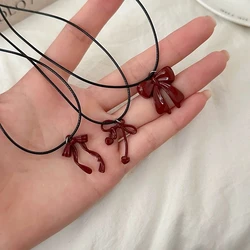 Simple Red Bowknot Pendant Necklaces for Women Fashion Black Leather Rope Clavicle Chain Necklaces Y2K Party Jewelry Accessories