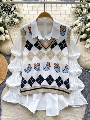 SINGREINY automne Argyle tricot hauts manches bouffantes revers Blouse + col en V sans manches pull pull dames Chic décontracté 2 pièces ensembles