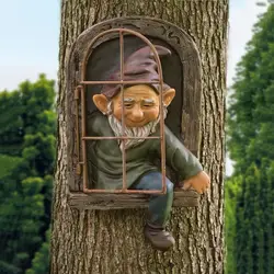 Elf Out The Door /Window Tree Hugger Naughty Garden Gnome Statue Tree Decor