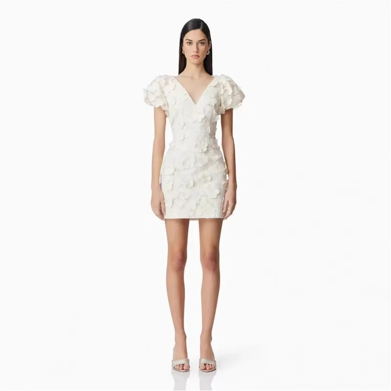 

2025 summer style puff short sleeve light luxury three-dimensional skirt white embroidery dress