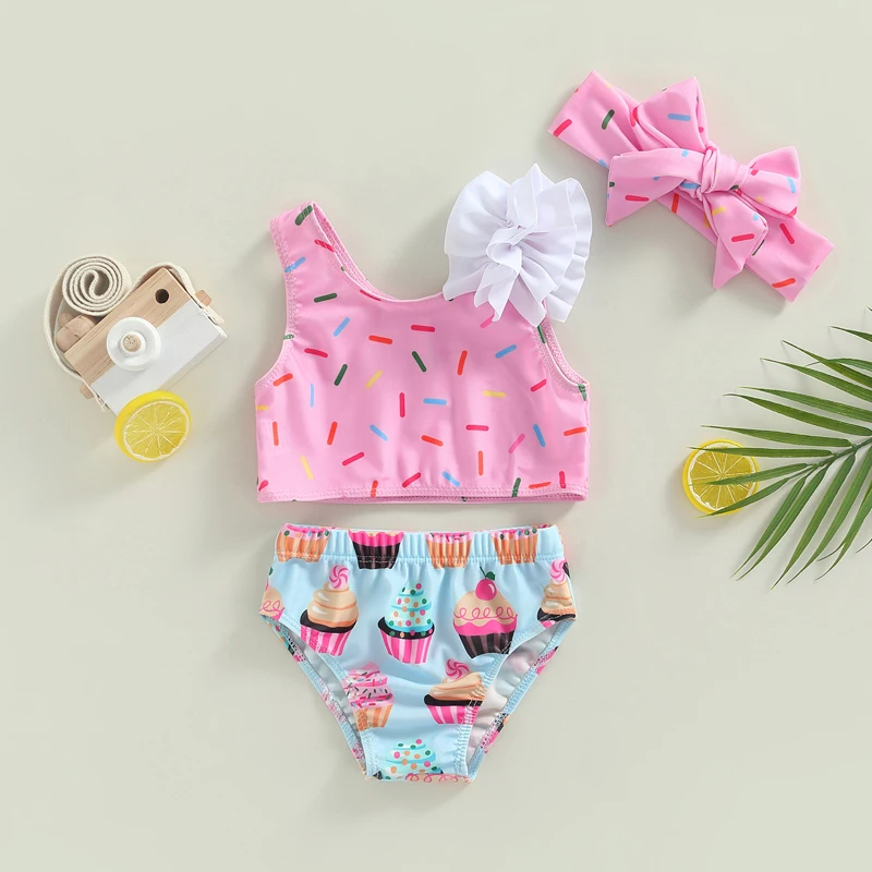 Kid Girls 3pcs Swimsuit Sleeveless Dot / Cup Cake Print Tops Shorts Headband Summer Swimwear Beachwear Bathing Suit