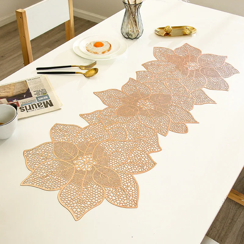 Nordic Light Luxury PVC Table Flag Long Style Solid Color Bronzing Table Runner Creative Irregular Flowers Burlap Decoration