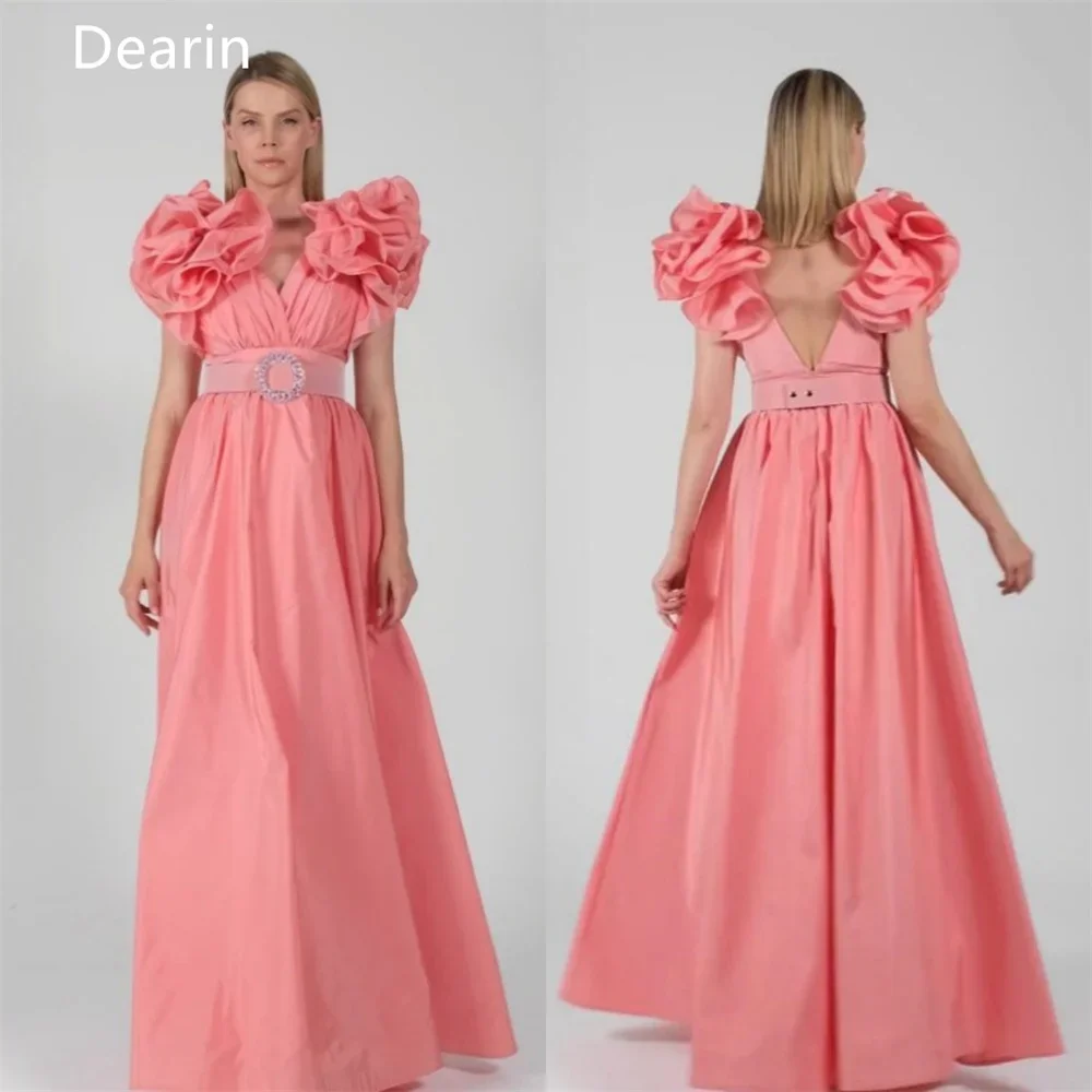 

Customized Prom Gown Evening Dearin V-neck A-line Floor Length Open Back Skirts Draped Applique Ribbon Bespoke Occasion Dresses