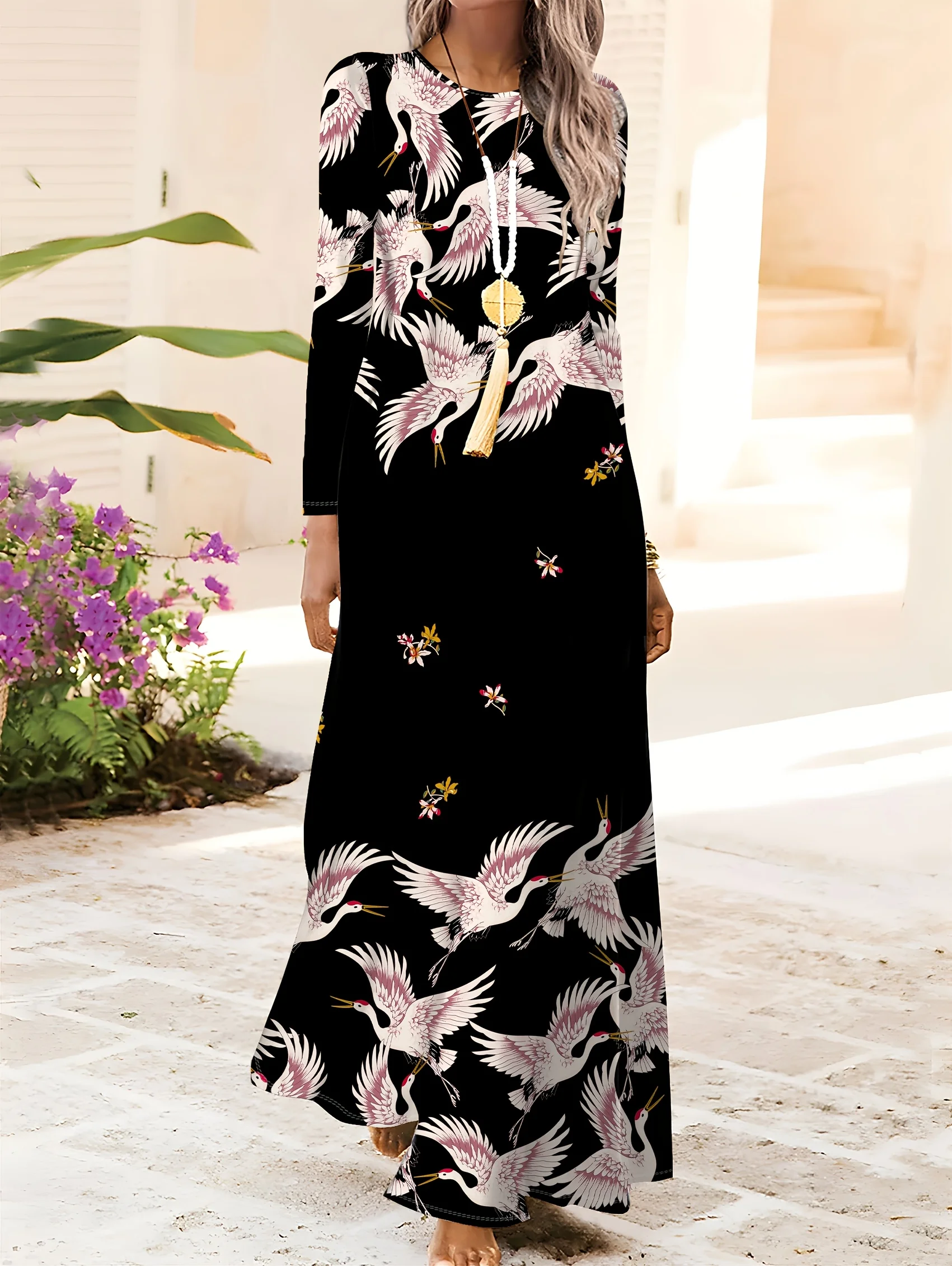 Printed Design Casual style white crane flower pattern women's dress