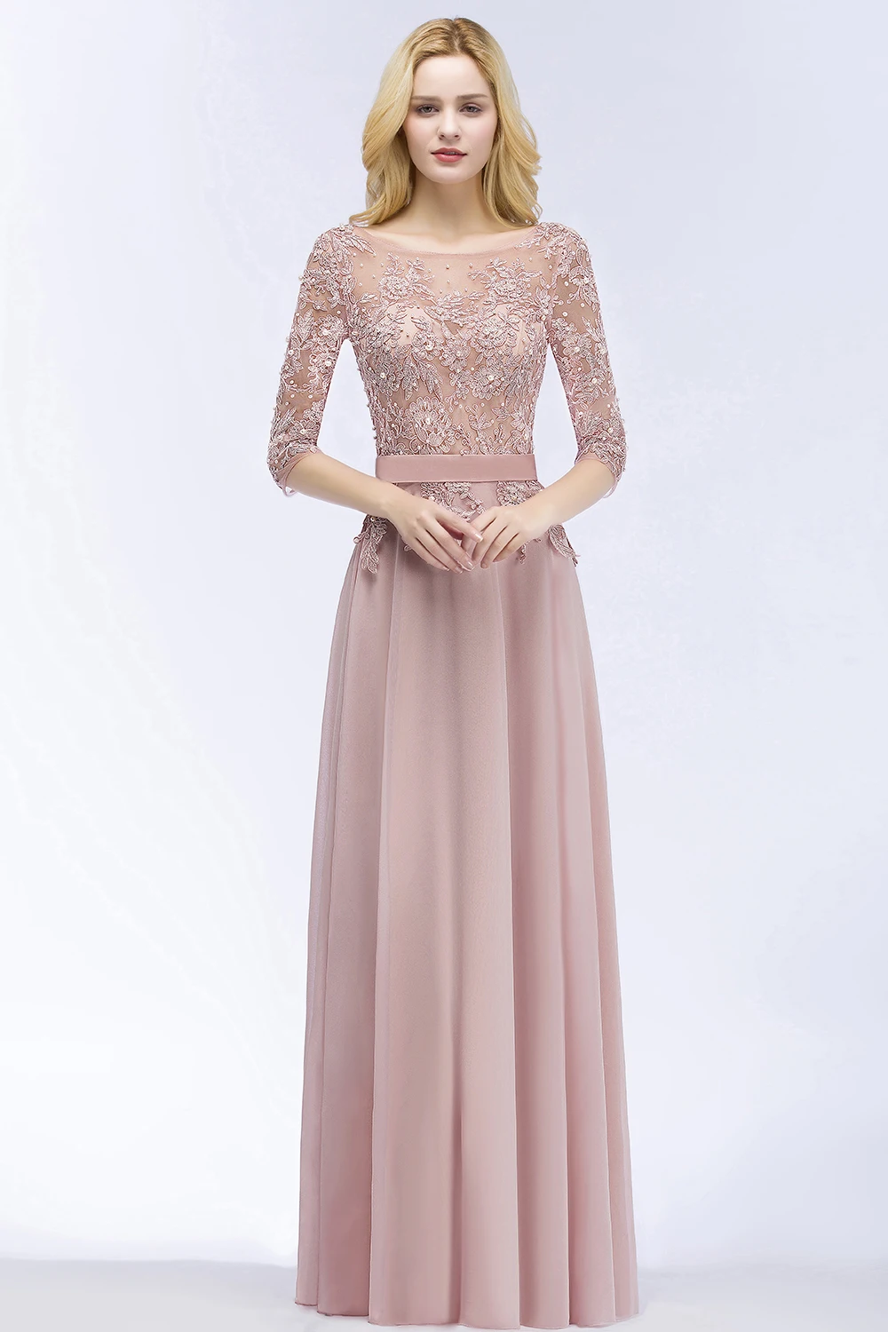 Modest Long Dusty Rose Evening Dresses Chiffon Appliques 3/4 Sleeves Banquet Formal Occasion Party Prom Gowns Robe De Soiree