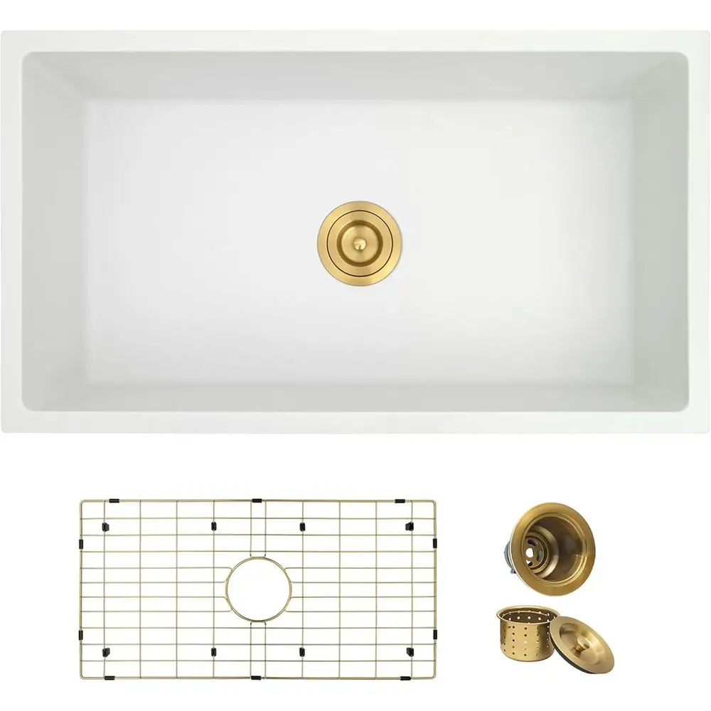 

Кухонная мойка из белого гранитного композита 32x18 дюймов, врезная, с глубокой чашей (10 дюймов) и золотистой фурнитурой