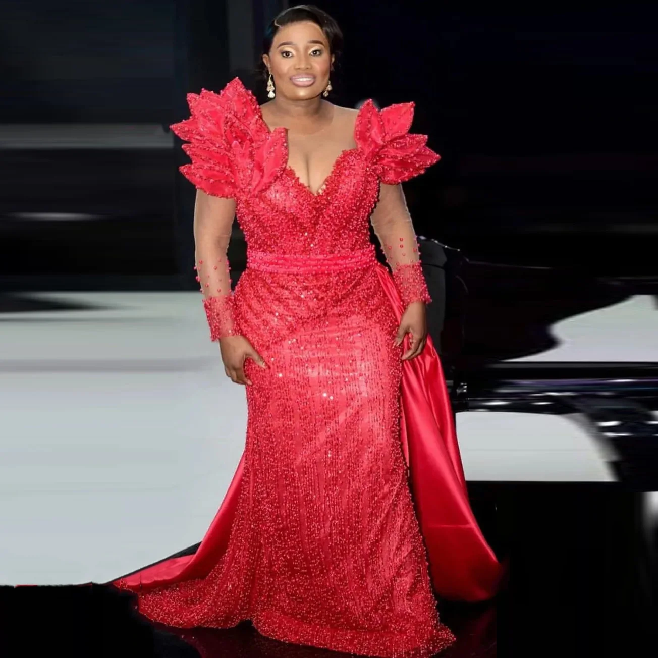 

Aso Ebi Red Mermaid Prom Dress Detachable Train Beaded Formal Party Dresses Full Sleeves Special Occasions Pearls Evening Gowns