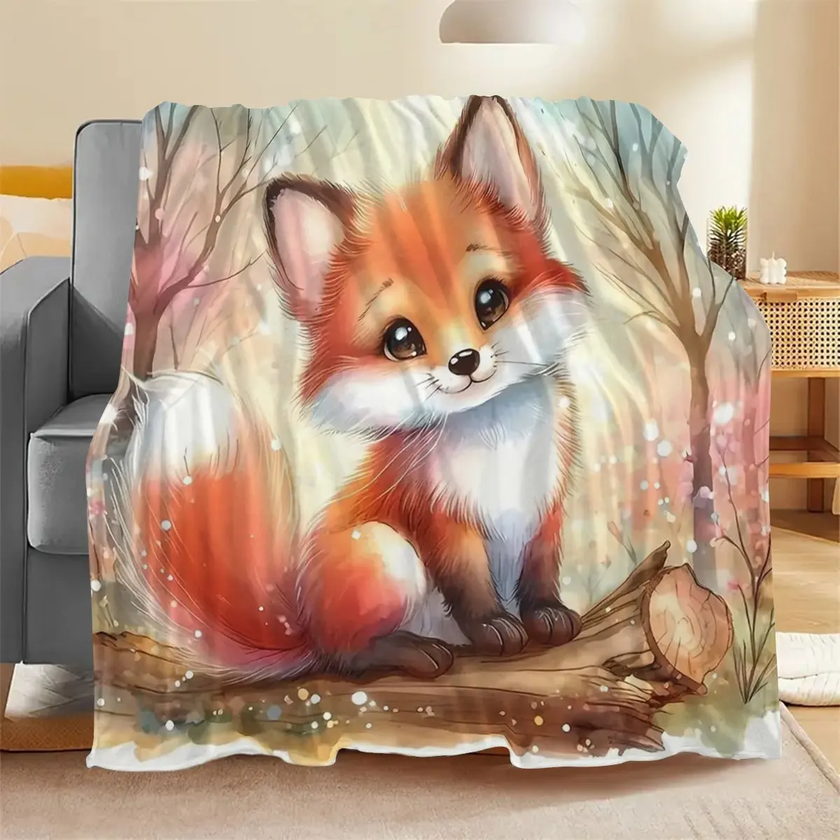 Adorable Little Red Fox Watercolor Blanket Lovely Cub On Wood Trunk Dreamy Pastel Forest Background Soft Flannel Throw Blanket