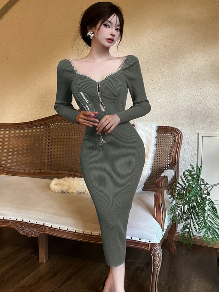 春の女性用高級ダイヤモンドVネックニットスリムパーティードレスヴィンテージエレガントファッション長袖セクシーボディコンドレス女性用