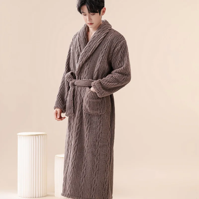 Men Autumn Winter Warm Robe Coral Fleece Thicken Bathrobe Gown Flannel Kimono Gown Home Wear Casual Sleepwear Dressing Gown