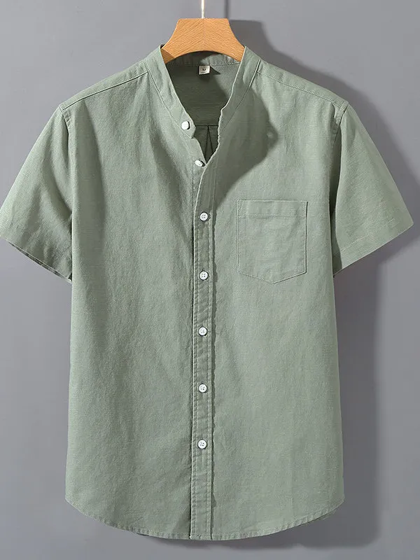 Summer Casual Loose Fit Linen Cotton Half Sleeve Shirt Men's Stand Collar Lightweight Breathable Youth Fashion Citywalk Top