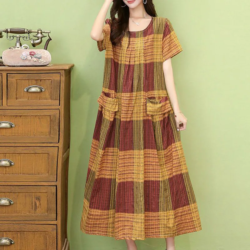 Women Striped Plaid Print Vintage Boho Oversized Cotton Linen Dresses Summer Casual Short Sleeve Pocket Holiday Beach Midi Dress