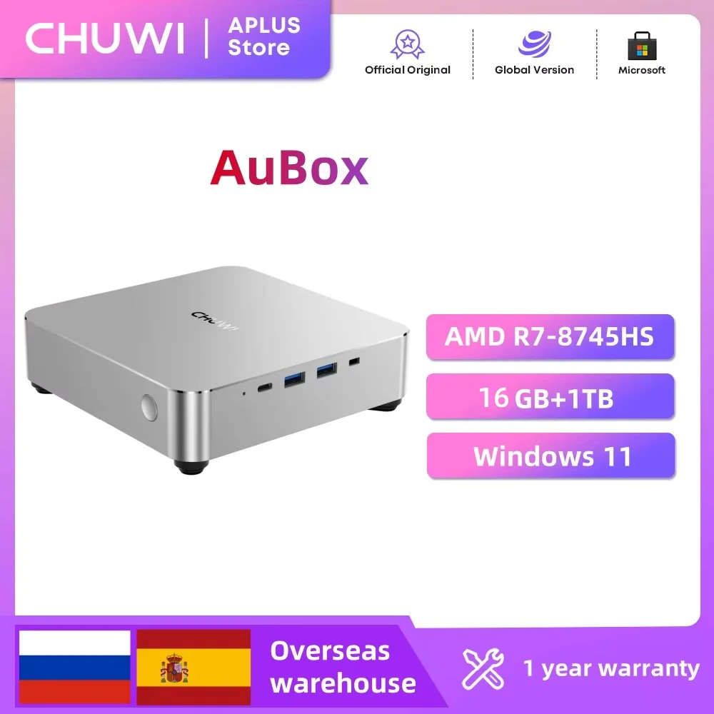 CHUWI AuBox 미니 PC AMD Ryzen7 8745HS 16GB DDR5 512GB SSD WiFi 6 BT 5.1 2.5G LAN 지원 쿼드 디스플레이 최대 4K Windows 11 Pro
