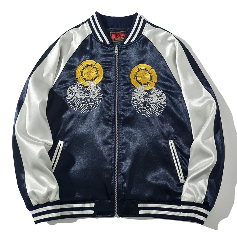 Autumn Yokosuka Embroidery Jacket Koi HAILANG Embroidery National Fashion Men and Women Outerwear Baseball Collar Contrast Co...