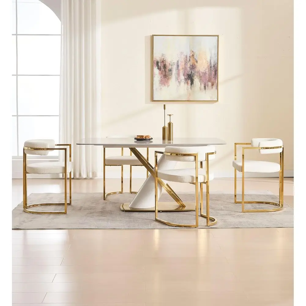 Par de cadeiras de jantar estofadas em forma de barril modernas com pernas douradas, cadeiras com detalhes brancos para cozinha e sala de estar