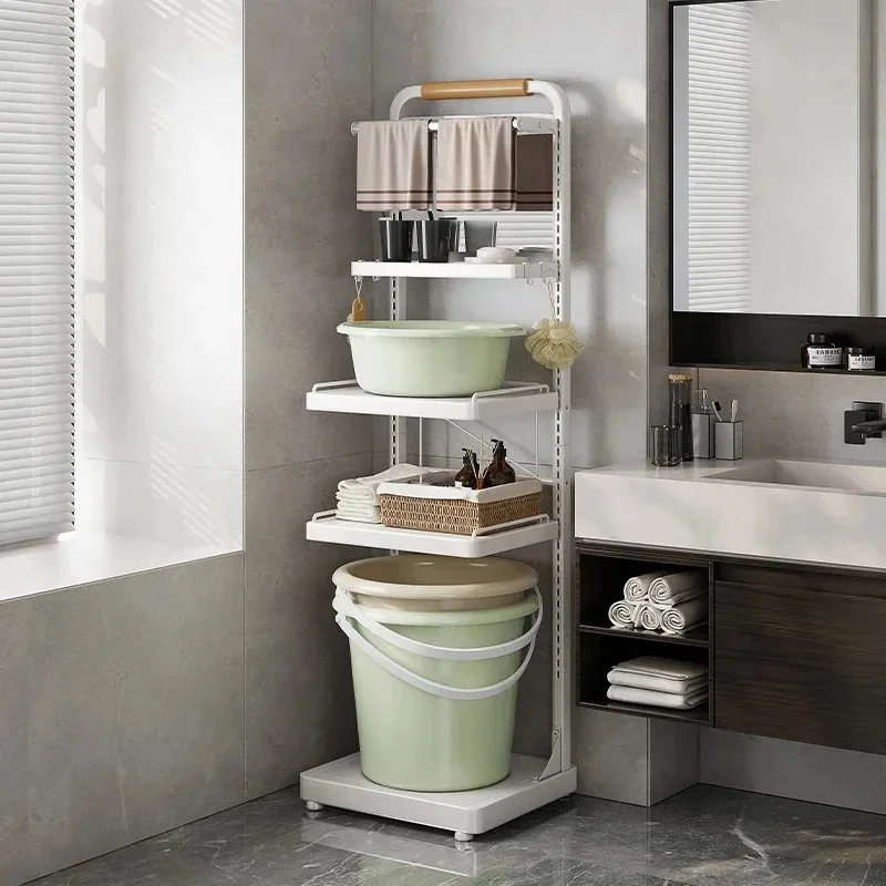 

4 Tier Metal Tower Rack Bathroom Storage Shelves with Mirror Standing Adjustable Caddy Home Toilet Storing Soaps Towel Organizer
