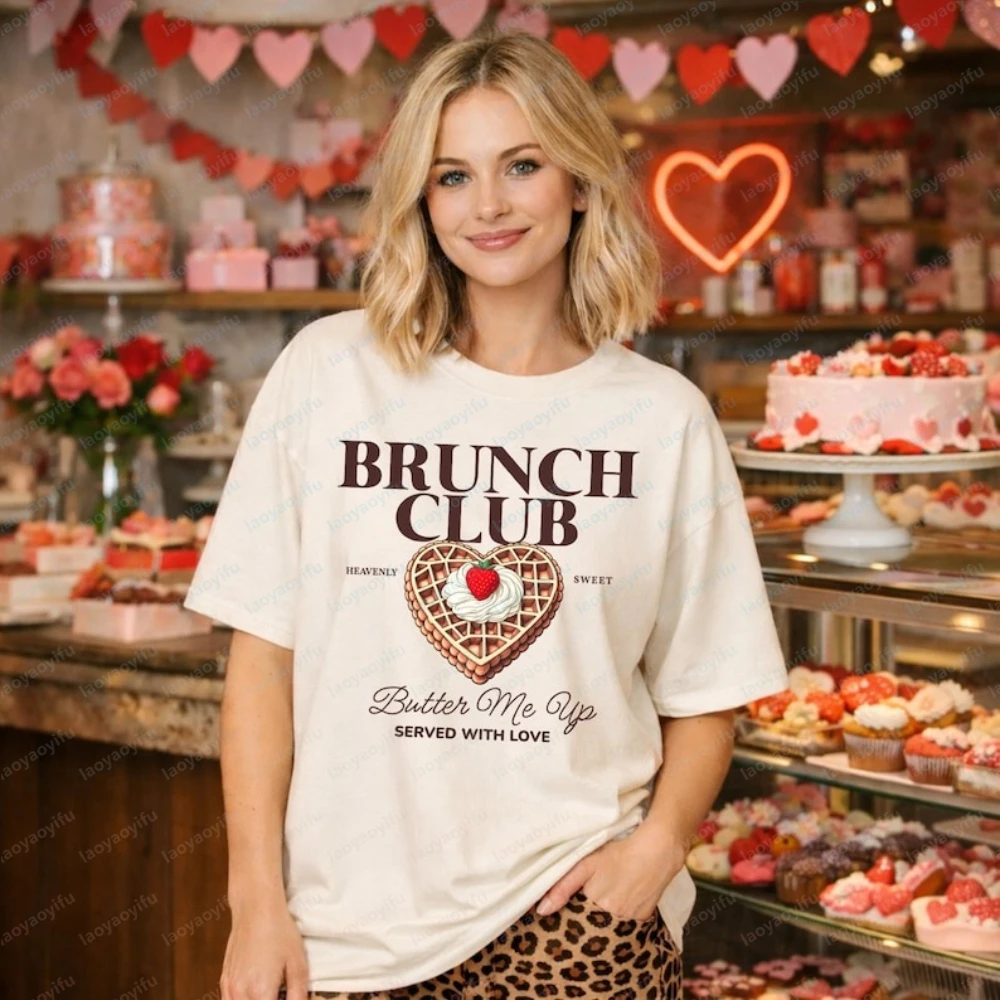 Brunch Club T-Shirt Women's Valentine Graphic Tee Butter Me Up Heart Waffle Shirt Graphic T Shirts Y2k Top Aesthetic Clothes