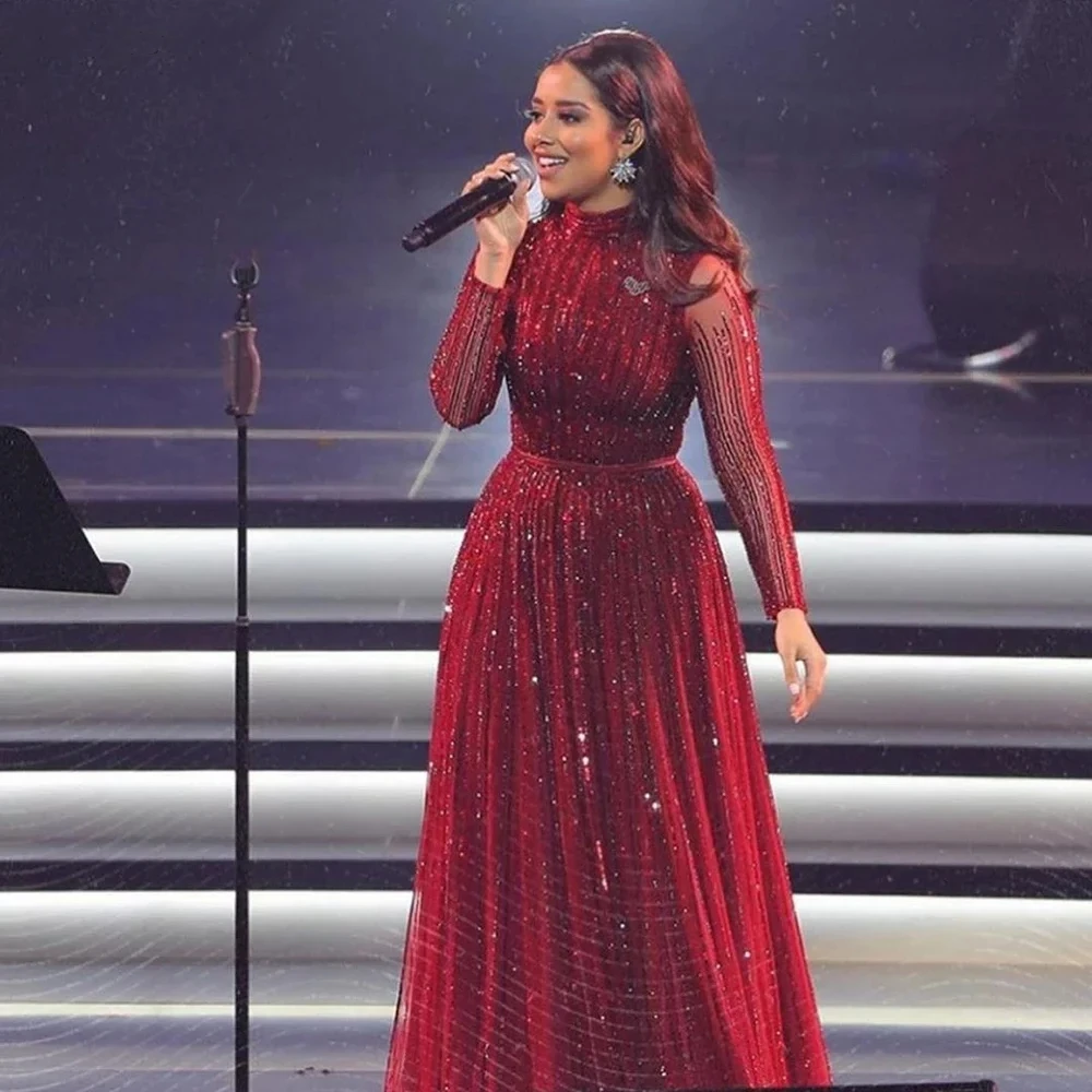 Vestidos De Noche musulmanes De lujo color Burdeos, una línea, lentejuelas brillantes, ilusión De cuentas, vestidos formales para fiesta De graduación, Vestido De Noche personalizado