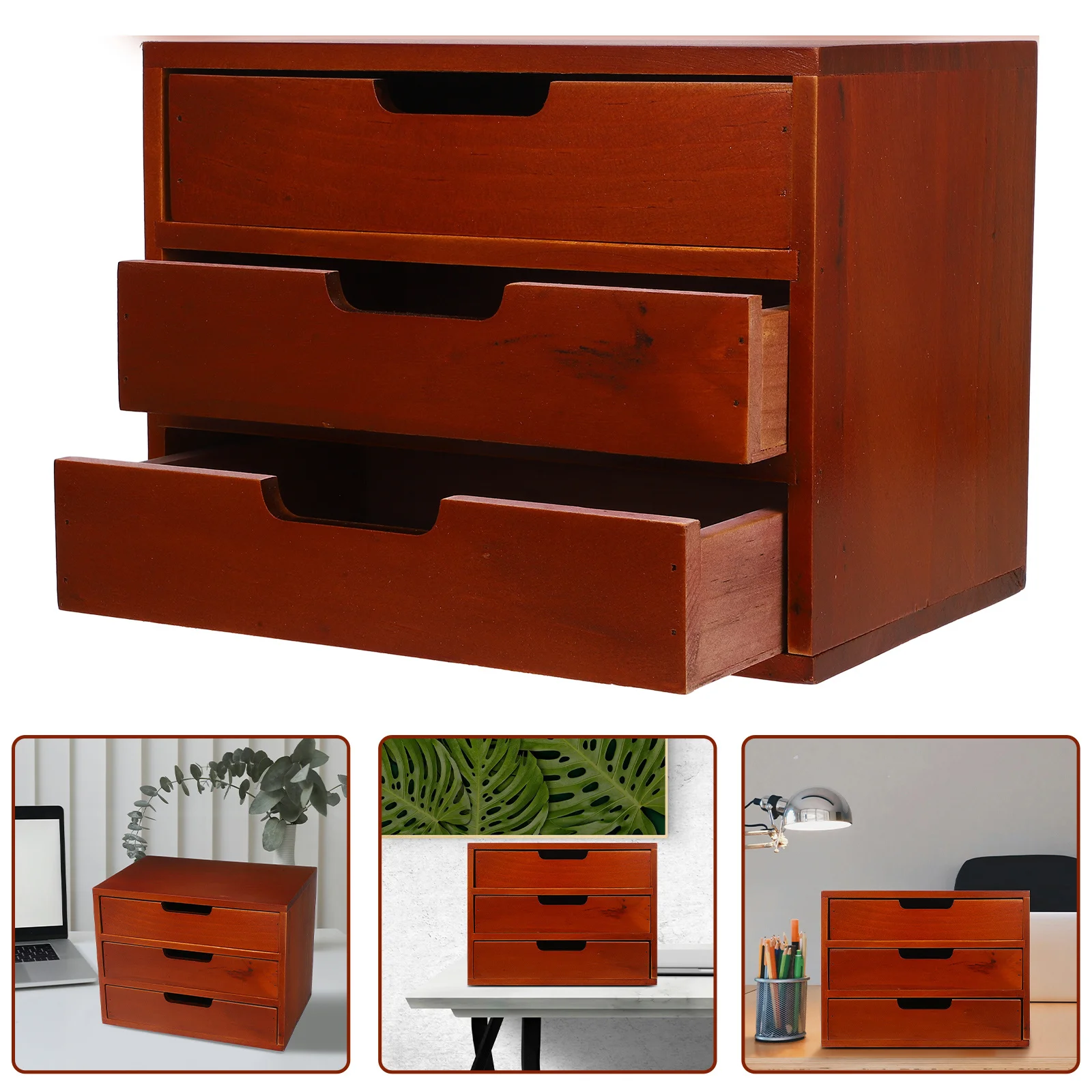 

Three-Layer Storage Cabinet Desktop Organizer Wooden Drawers Multi-Functional Makeup Jewelry Stationary Organizer Desk Storage