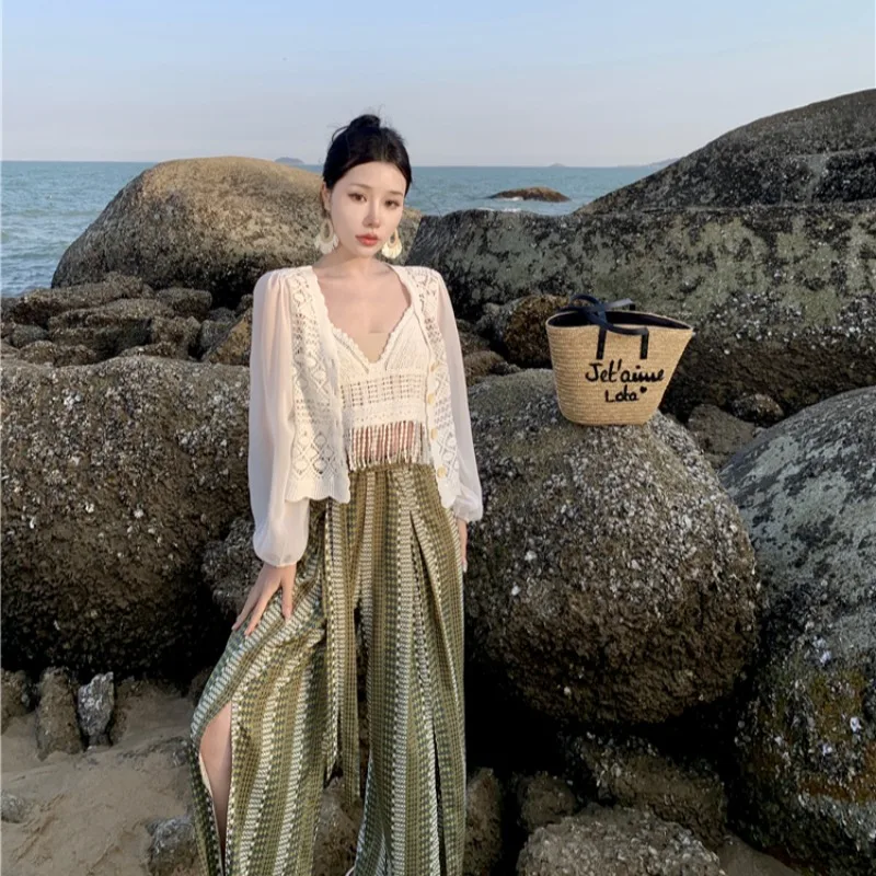 

Летний комплект пляжных широких брюк Vaion для женщин, длинные брюки с высокой талией, уличный дизайн из полиэфирного волокна, разделенный дизайн