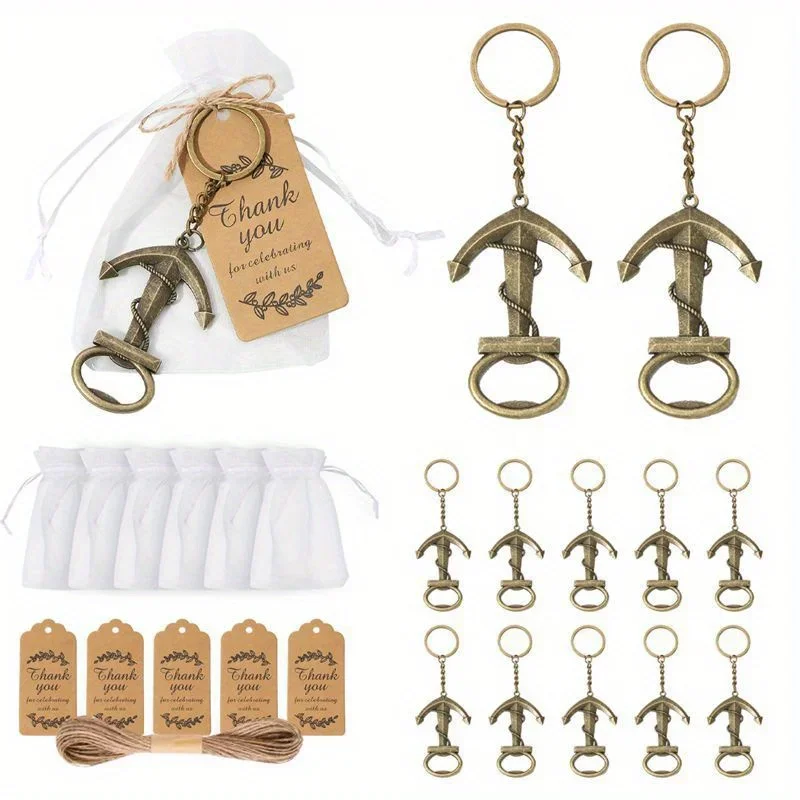 10pcs Baby Shower Bottle Opener Anchor Keychain Metal Beer Opener With Organza Bags Tags And Strings Baby Shower Party Souvenirs